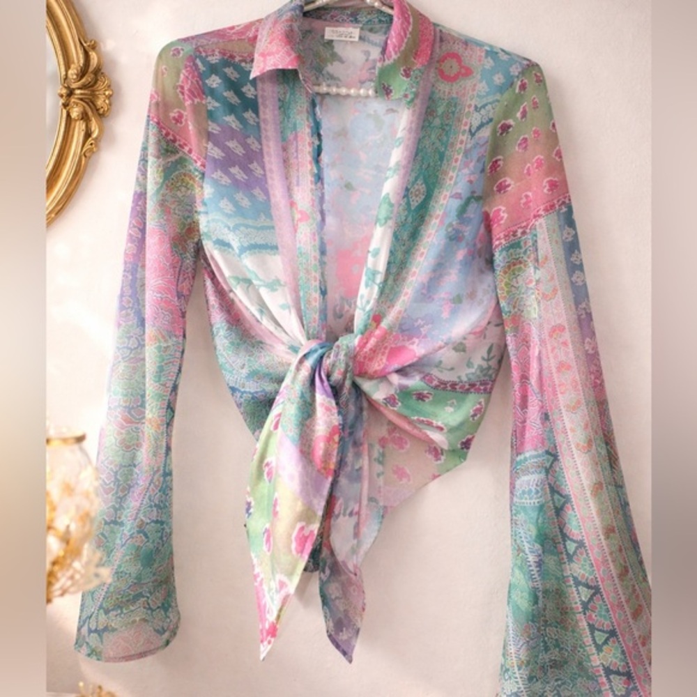 ZARA Patchwork Sheer Tie-Front Blouse – Boho Statement Piece